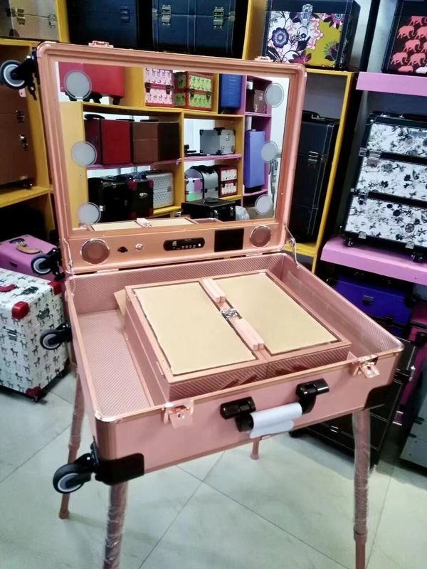 মেকআপ কেস সামঞ্জস্যযোগ্য স্ট্যান্ড পা ভারী দায়িত্ব স্যুটকেস নেতৃত্বাধীন হালকা আয়না প্রসাধনী রোলিং 4 চাকা ট্রলিবাস মেকআপ কেস